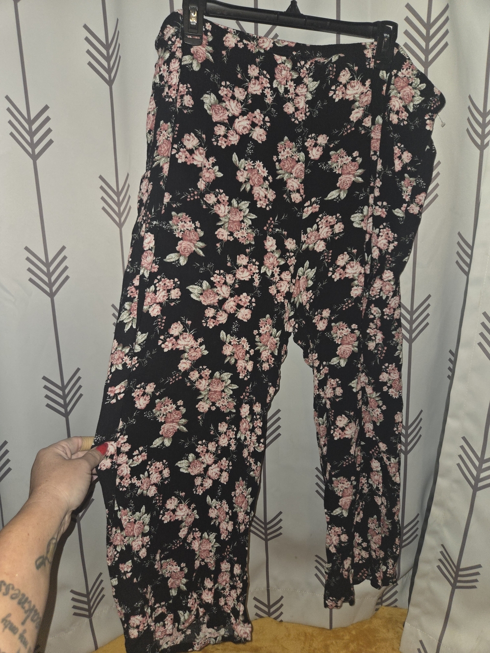Ultra Flirt Black Wide-Leg Pants with Pink Floral Print